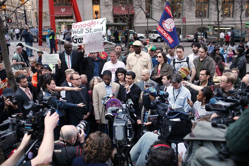 New York City Council Members Jumaane Williams and Ydanis Rodriguez speak at a rally to denounce what they say is NYPD's excessive use of force against Occupy Wall Street protesters at Zuccotti Park